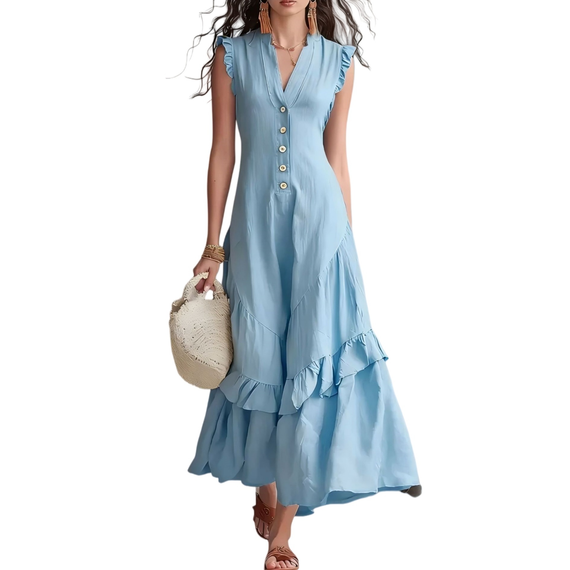 Boho Flowy Sleeveless Maxi Dress V-Neck Button-Front Ruffle Hem A-Line Skirt